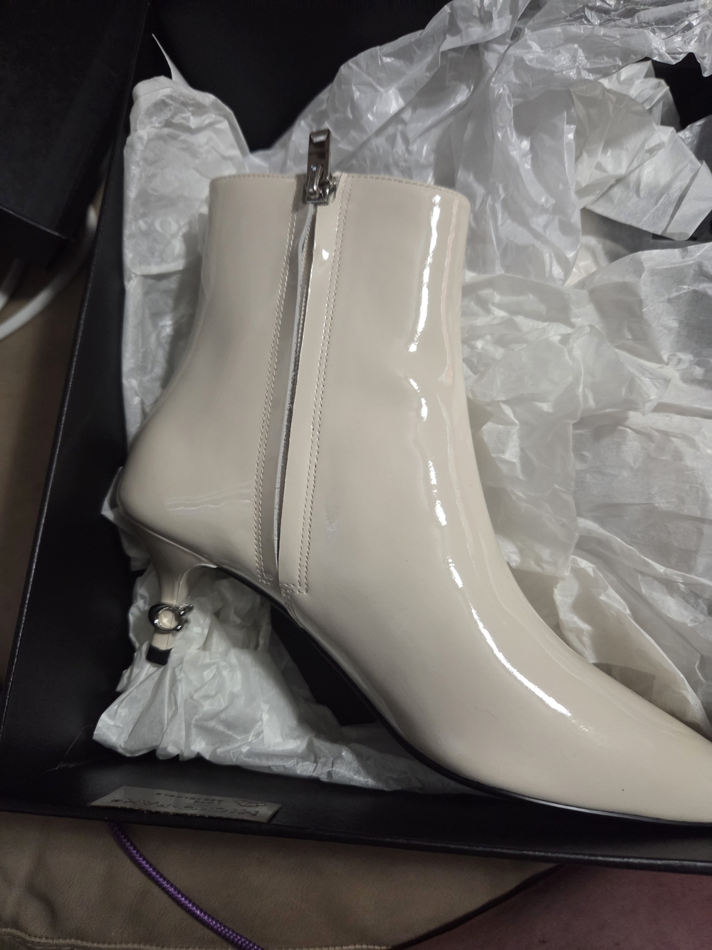 Coach Jewel Patent Leather Ivory Ankle Booties with Side Zipper